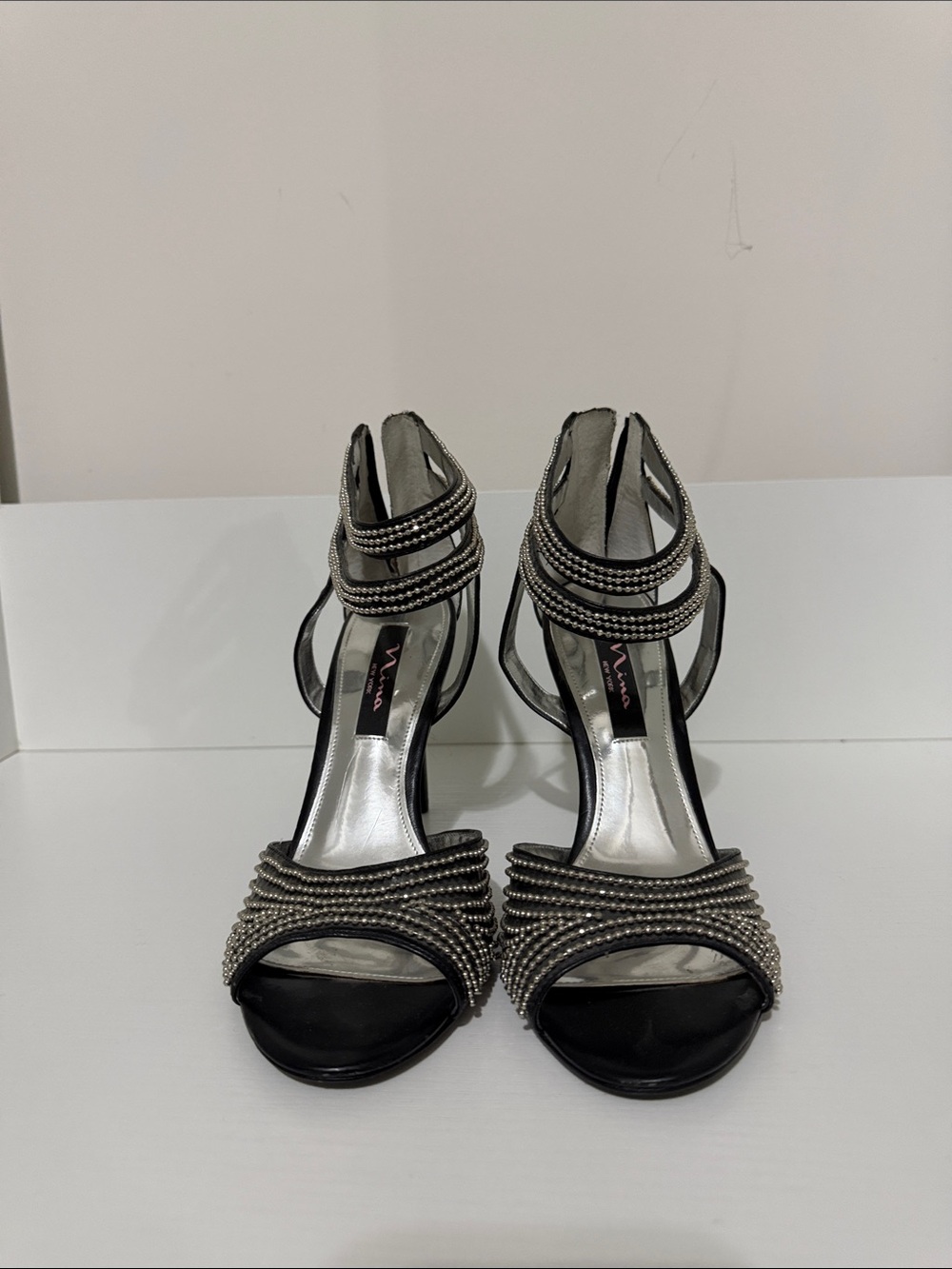 Black Beaded Strappy Evening Sandals